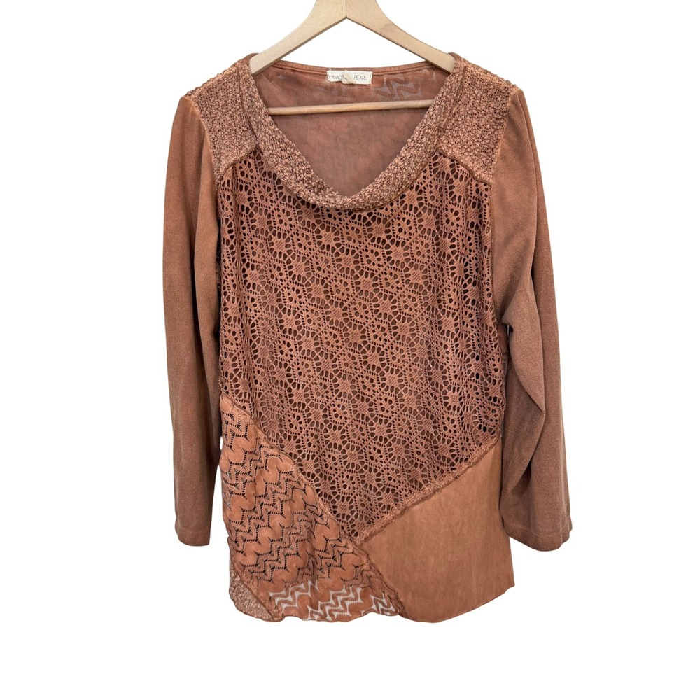Cactus + Pearl Top Large Brown Crochet Lace Mixed Media Cowl Neck Long Sleeve